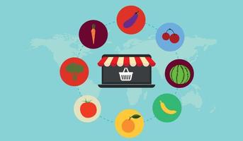 Fresh Market Online Banner, Online Market on Mobile Application with Fruit, Vegetable, Fresh Food, milk, drinks and natural product, Online Ordering Vector Illustration Background