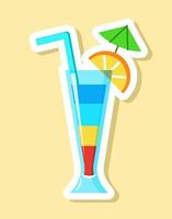 Vector multicolored cocktail sticker in cartoon style. Isolated drink in glass with citrus slices, umbrella and juice straw with white contour