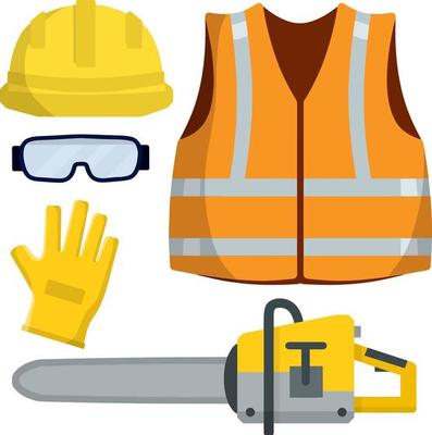 Set of clothes Builder and worker. Yellow vest, helmet, glasses, gloves. Cartoon flat illustration. Chainsaw of lumberjack. Repair and maintenance. Safety and tools for cutting trees