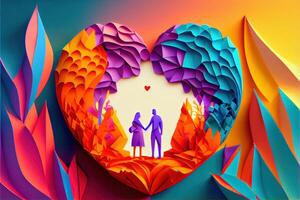 illustration of origami Valentine day background, happy couple, colorful. Paper cut craft, 3d paper style. Neural network generated art. Digitally generated image photo