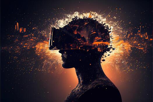 illustration of Metaverse concept and virtual world elements. Silhouette of a human face in augmented or virtual reality headset. Neural network art photo