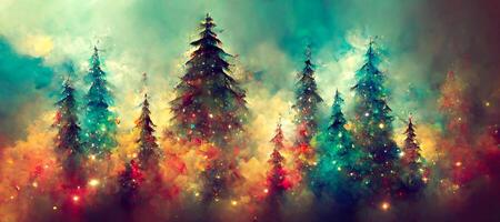 illustration of Abstract fantasy festive christmas tree background header wallpaper, winter abstract landscape. Christmas scene. Banner header. Digital art. photo