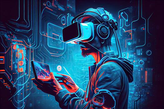 illustration of man with virtual reality VR goggle playing AR augmented reality game and entertainment, futuristic metaverse gameFi NFT game ideas photo