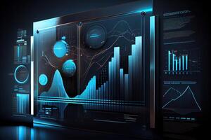 generativo ai ilustración de financiero gráficos, futurista, silueta cripto moneda mercado, isométrica, azul antecedentes foto