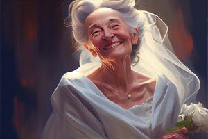 illustration of 70 year old beautiful joyful lady dressed as a bride in a white dress, beautiful photo