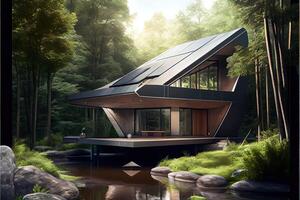 illustration of A prototype architectural design for a futuristic, eco-friendly home, with a sleek, modern design with a small stream running through the yard. photo