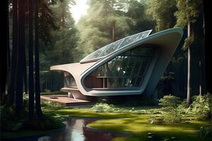 illustration of A prototype architectural design for a futuristic, eco-friendly home, with a sleek, modern design with a small stream running through the yard. photo