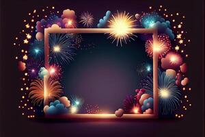 illustration of Festival fireworks. Bright crackers lights in night sky, firework banner and traditional celebration background with copy space photo