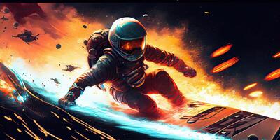 illustration of a space explorer riding a rocket-powered surfboard through an asteroid field, in a digital art style with a galactic color palette photo