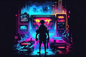 illustration of gaming background, abstract cyberpunk style of gamer wallpaper, neon glow light of scifi fluorescent sticks. Digitally generated image photo