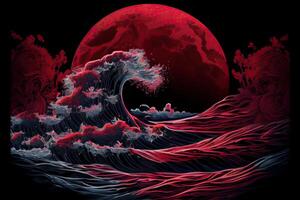 illustration of a sea dark night landscape. Red Moonlight reflected in the waves of the ocean. Sea stormy wave with foam, Japanese art style photo