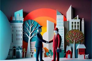 Business man in the city background, colorful. Business handshaking, successful concept. Paper cut craft, 3d paper illustration style. Neural network generated art. photo