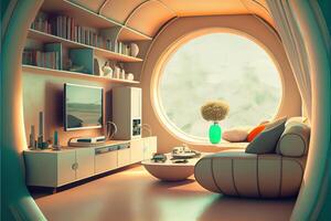 illustration of comfy living room from the year 2050, Scandinavian Japanese sci-fi design photo