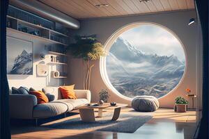 illustration of comfy living room from the year 2050, Scandinavian Japanese sci-fi design photo