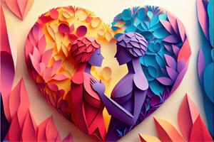 illustration of origami Valentine day background, happy couple, colorful. Paper cut craft, 3d paper style. Neural network generated art. Digitally generated image photo
