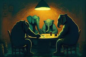 illustration of African elephants playing poker in a smoky room, the elephant poker game photo