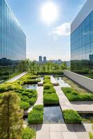 illustration of Gorgeous garden on the rooftop of a contemporary glass office building in Asia photo