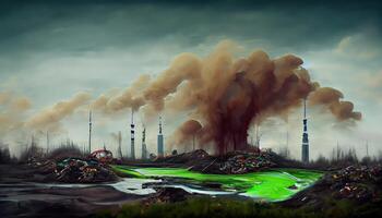 illustration of landscape with ecological disaster. Polluted earth and ocean photo