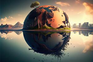 illustration of landscape with ecological disaster. Polluted earth and ocean photo