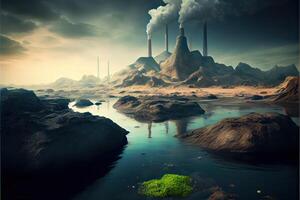 illustration of landscape with ecological disaster. Polluted earth and ocean photo