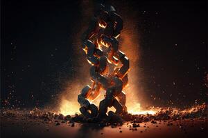 illustration of breaking steel chain with fire dust in dark background. Neural network generated art. photo