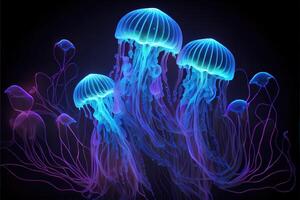 illustration of group of beautiful jelly fish glowing in the dark ocean, reflection, light, pretty. photo