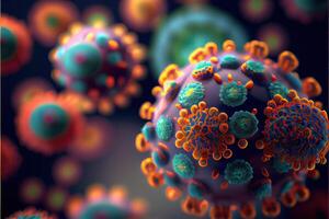 generativo ai ilustración de enfermedad respiratorio virus gripe brote 3d médico ilustración. microscópico ver de flotante influenza virus células. neural red generado Arte. foto