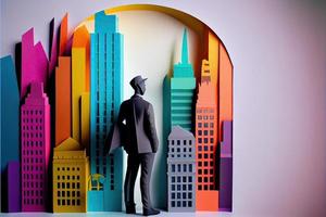 Business man in the city background, colorful. Business handshaking, successful concept. Paper cut craft, 3d paper illustration style. Neural network generated art. photo