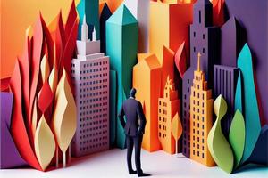 Business man in the city background, colorful. Business handshaking, successful concept. Paper cut craft, 3d paper illustration style. Neural network generated art. photo