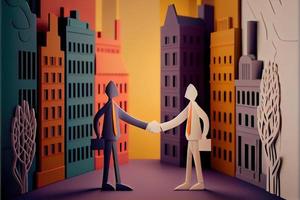 Business man in the city background, colorful. Business handshaking, successful concept. Paper cut craft, 3d paper illustration style. Neural network generated art. photo