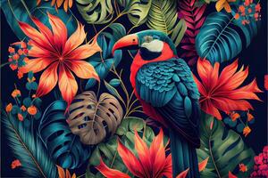 illustration of tropical pattern with jungle vegetation and exotic fauna in bright colors. photo