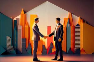 Business man in the city background, colorful. Business handshaking, successful concept. Paper cut craft, 3d paper illustration style. Neural network generated art. photo