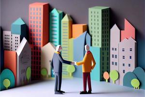 Business man in the city background, colorful. Business handshaking, successful concept. Paper cut craft, 3d paper illustration style. Neural network generated art. photo