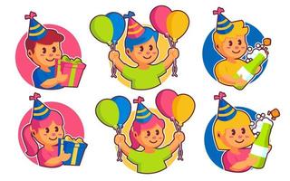 Fiesta De Cumpleaños: Niño Feliz Con Un Montón De Regalos Y Globos.  Ilustraciones svg, vectoriales, clip art vectorizado libre de derechos.  Image 9707969