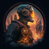 illustration of cyberpunk astronaut with a industrial smoke, mechanic detail on shoulders, pollution, centered inside intricate gold and fire circle of city and Skyscrapers photo