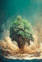 illustration of old big green tree with roots, on dry land, tree of earth and life, magic tree.Digital art, nature concept. photo