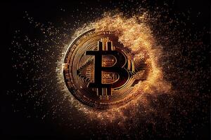 illustration of bitcoin sign on a gold coin , the coin glitters , bunches of golden sparks , black background photo