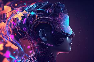 illustration of Metaverse concept and virtual world elements. Side view of human face in augmented or virtual reality headset inside the metaverse photo
