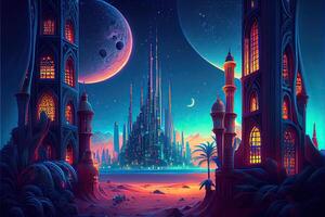 illustration of Fairy - tale Arabian night city with towers and mussels. Night neon oriental city. Fantasy urban arabic landscape photo