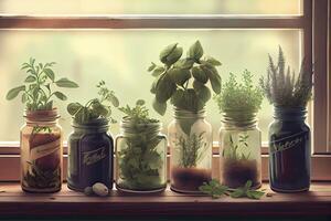 illustration of different herbs growing in jars on a window, including basil, sage, chives, parsley, oregano, and thyme photo