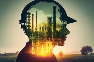 illustration of a double exposure worker head, an oil, gas, and petrochemical refinery facility demonstrates the future of electricity and the engineer photo