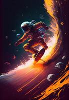 illustration of a space explorer riding a rocket-powered surfboard through an asteroid field, in a digital art style with a galactic color palette photo