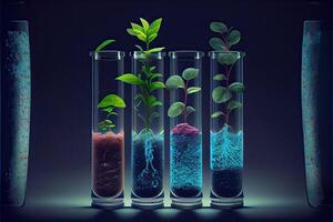 generativo ai ilustración de Ciencias y biotecnología concepto. creciente de planta en laboratorio foto