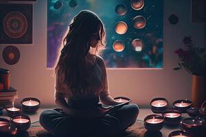 illustration of woman in sound healing therapy and meditation and healing, uses aspects of music to improve health and well being, can help your meditation and relaxation at home photo