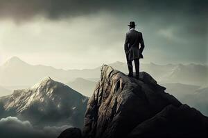 illustration of a lonely business man on top of the mountain photo