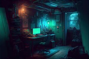 illustration of messy and dark cyberpunk hacker hideout room with lights photo