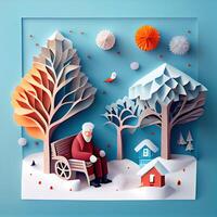 illustration of origami winter background, joyful elderly, colorful. Paper cut craft, 3d paper illustration style. Neural network generated art. photo