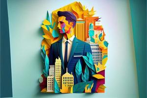 Business man in the city background, colorful. Business handshaking, successful concept. Paper cut craft, 3d paper illustration style. Neural network generated art. photo