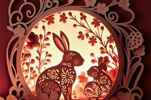 illustration of Paper cut craft, quilling multi dimensional Chinese style, cute zodiac bunny rabbit with lanterns in background, chinese new year. 3d paper illustration style. photo