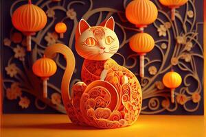 illustration of Paper cut craft, quilling multi dimensional Vietnamese style, cute zodiac kitty cat with lanterns in background, chinese new year. 3d paper illustration style. photo